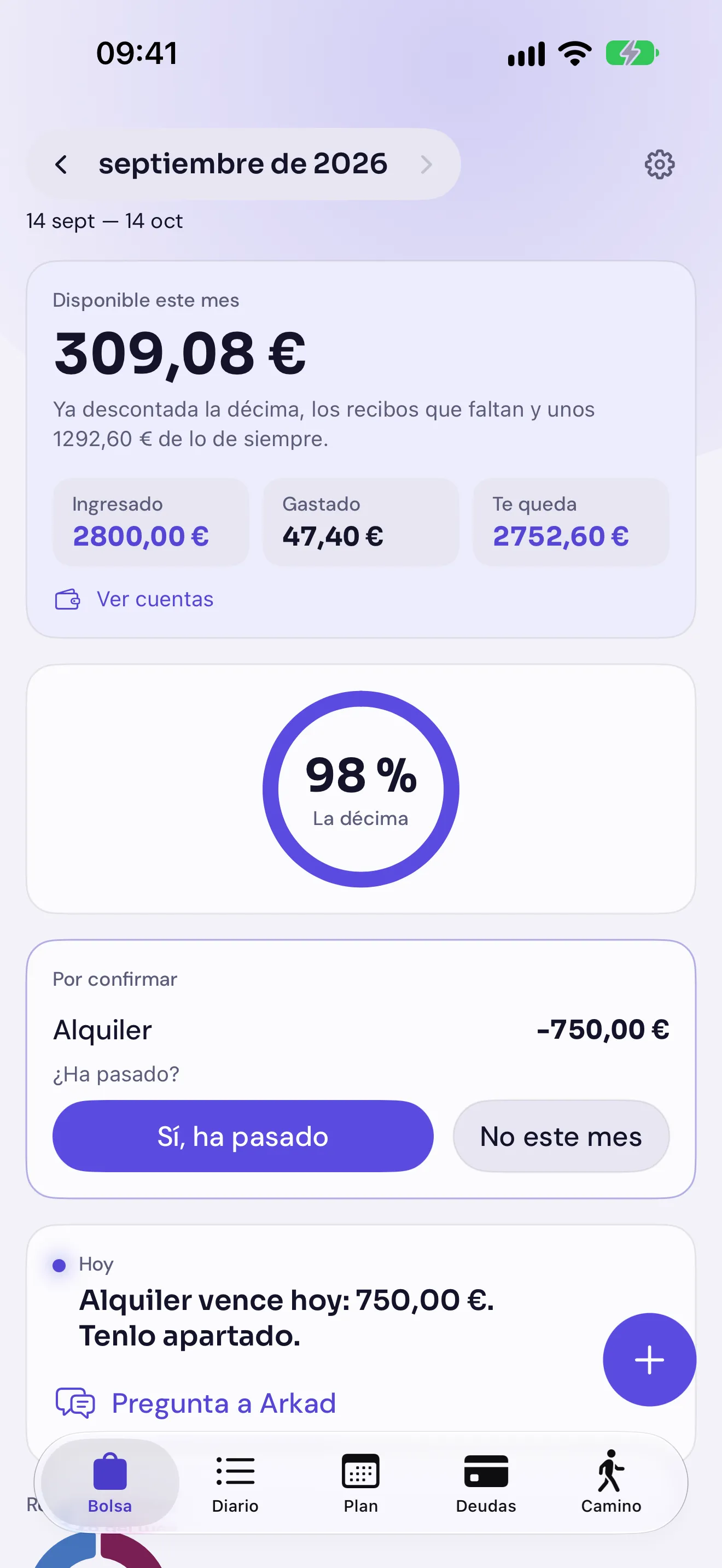 Arkad en iPhone: la Bolsa del mes con lo disponible, lo ingresado y lo gastado, el anillo de la décima al 98 % y el alquiler por confirmar