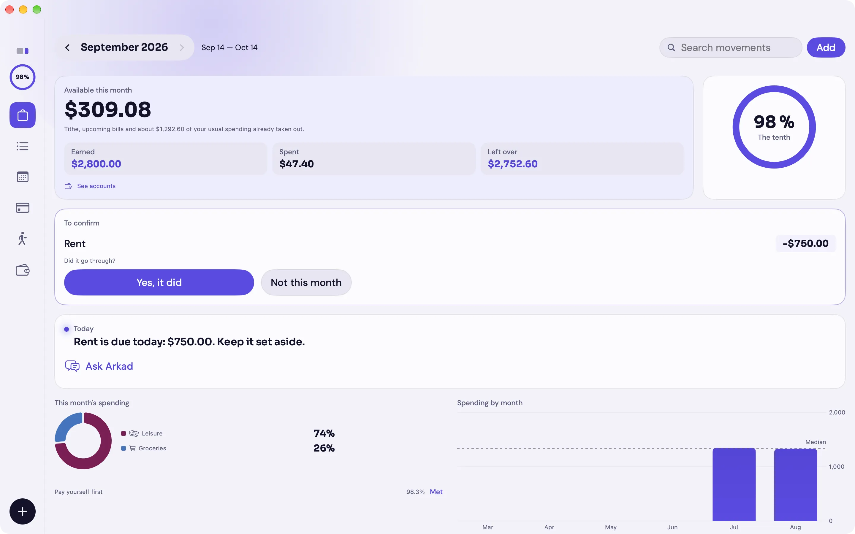 Arkad on Mac: the month's Purse with what's available, the tenth's ring, the split by category and spending per month