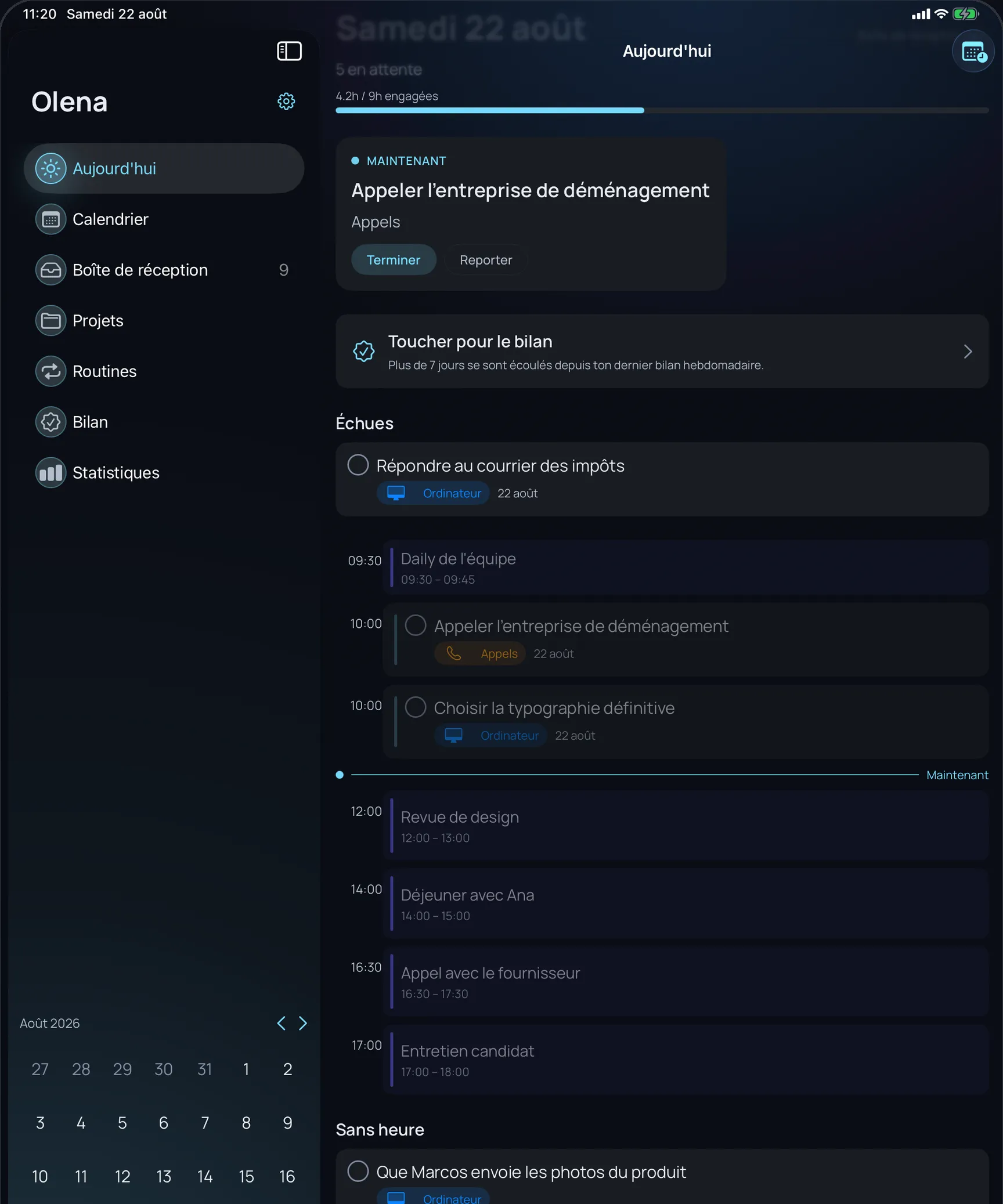 Olena sur iPad : la vue Aujourd’hui avec le calendrier et les tâches sur la même ligne de temps