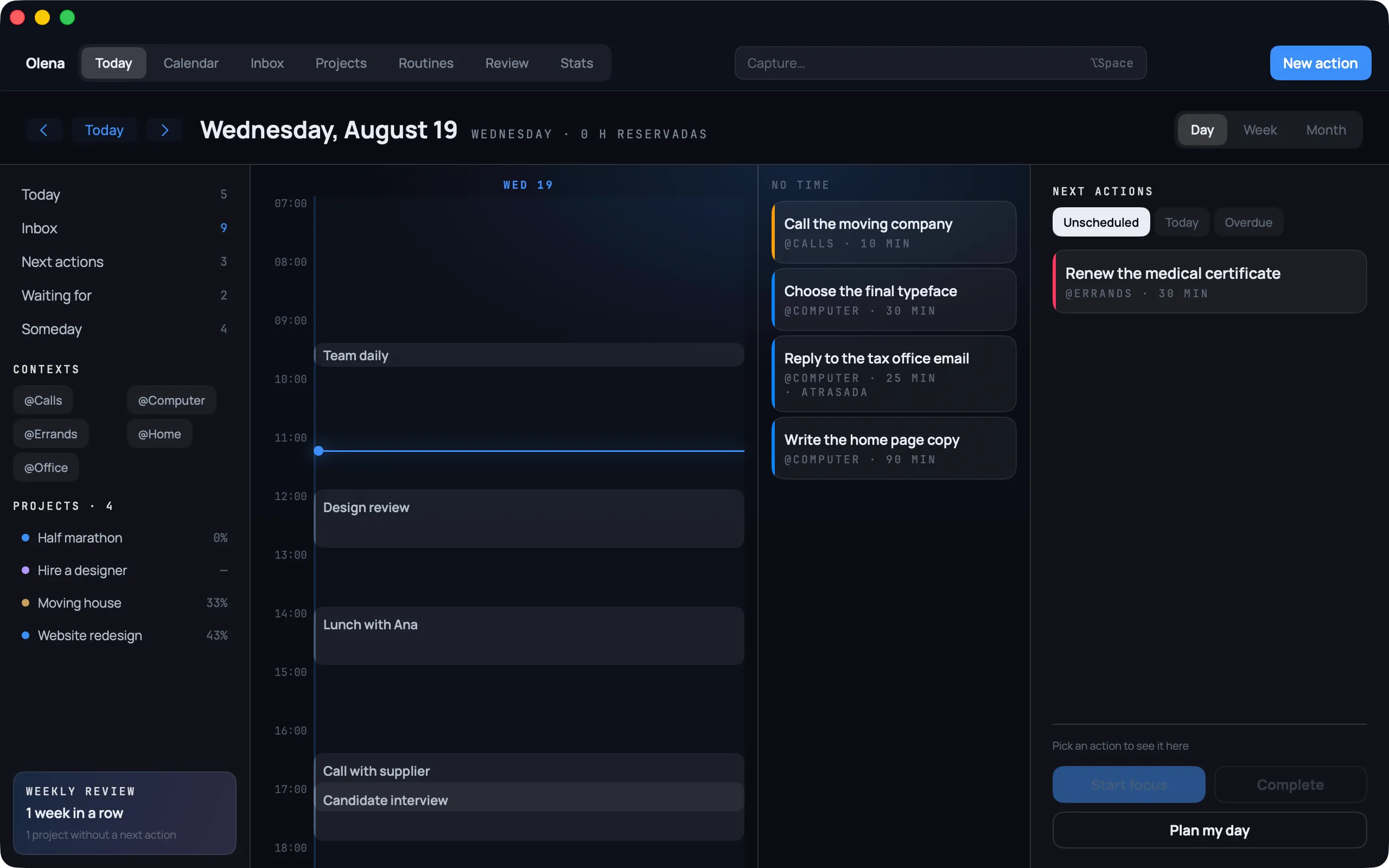 Olena on Mac: the day with the timeline, untimed tasks, next actions and the projects with their progress in the sidebar