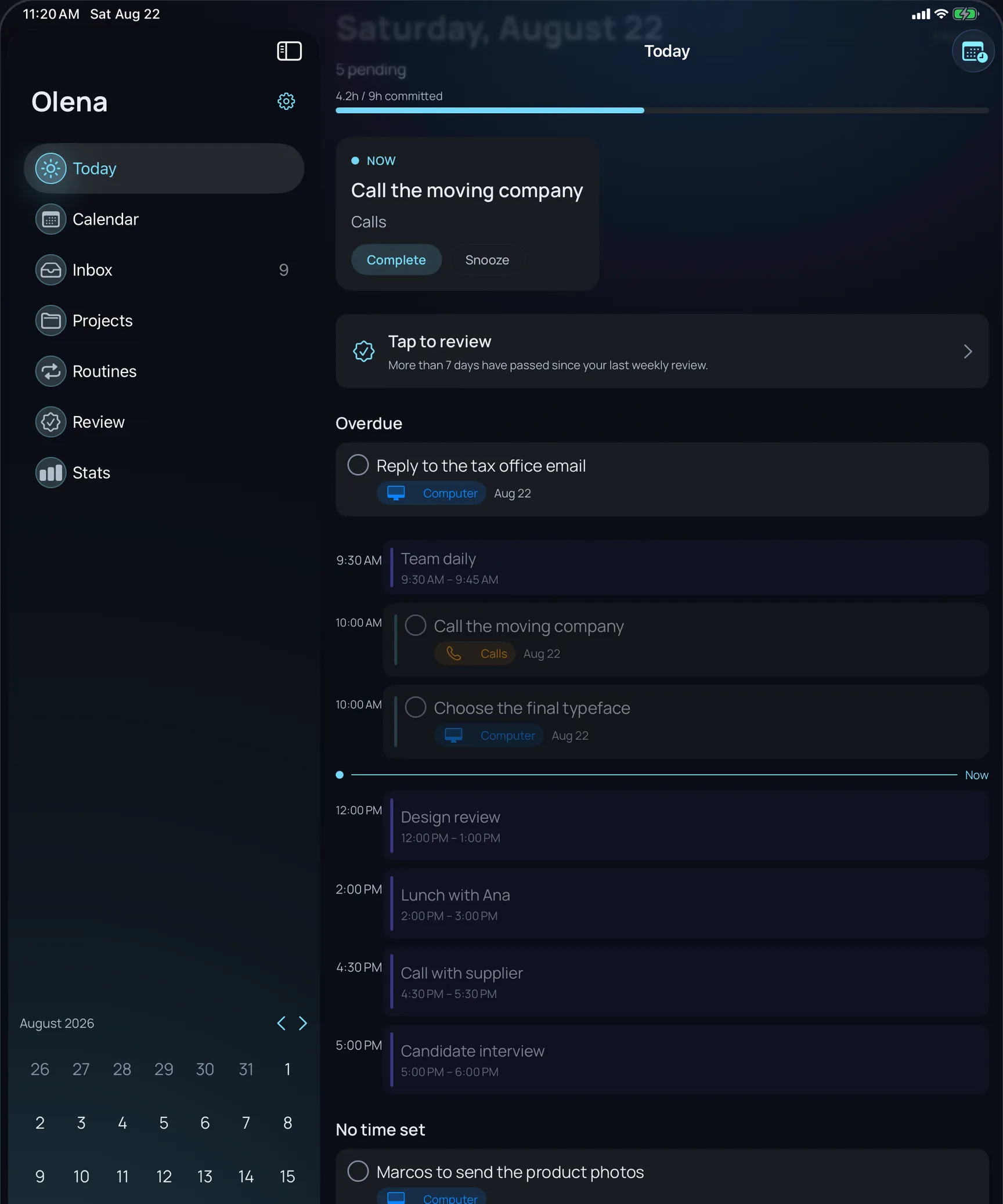 Olena on iPad: the Today view with the calendar and tasks on a single timeline