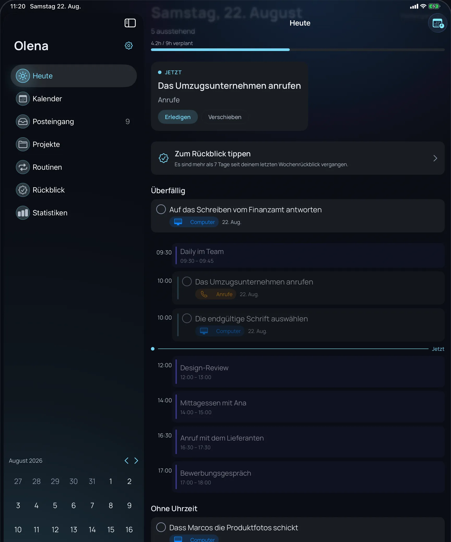 Olena auf dem iPad: die Heute-Ansicht mit Kalender und Aufgaben auf einer Zeitleiste