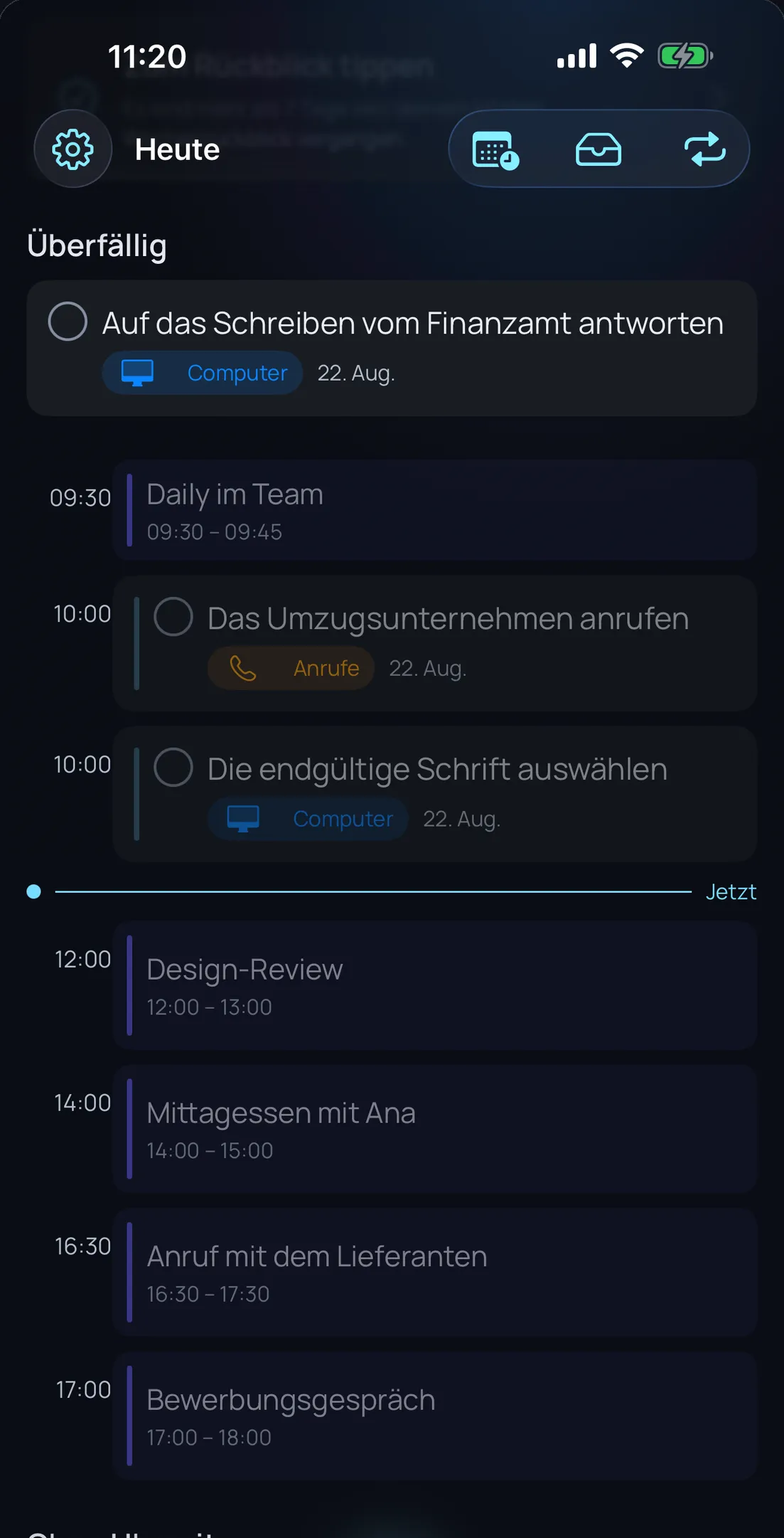Olena auf dem iPhone: die Heute-Ansicht mit Kalenderterminen und Aufgaben auf einer Zeitleiste und der Markierung der aktuellen Uhrzeit