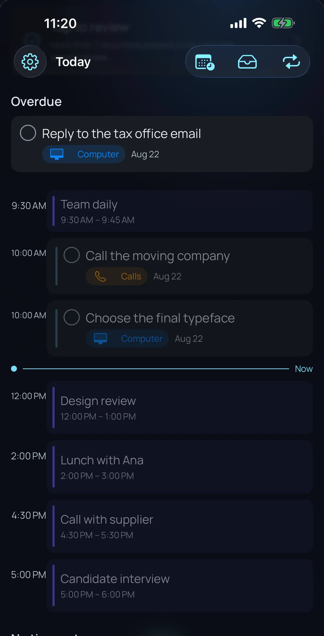 Olena on iPhone: the Today view with calendar events and tasks on a single timeline, and the current-time marker