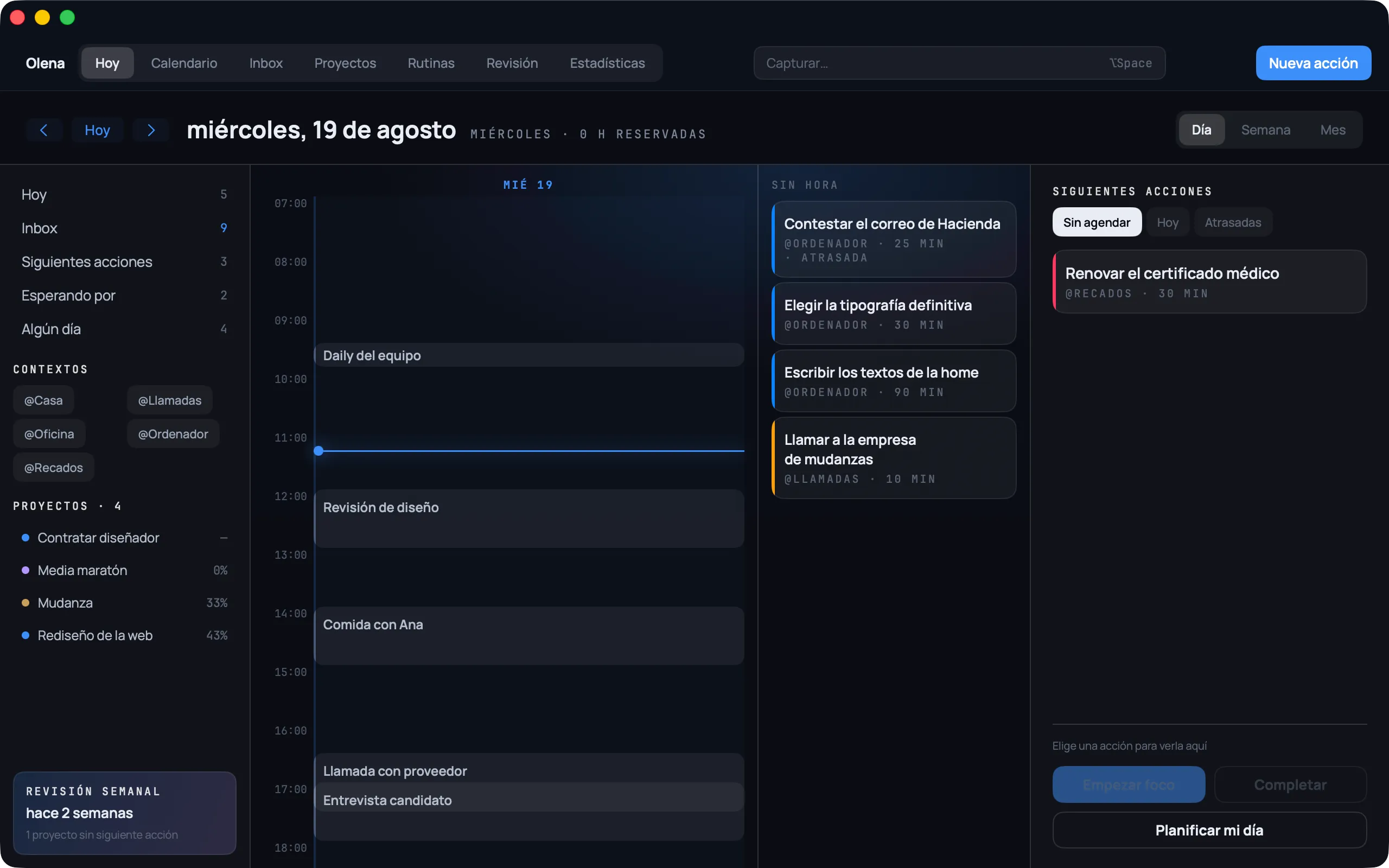 Olena en Mac: el día con la línea de tiempo, las tareas sin hora, las siguientes acciones y los proyectos con su avance en la barra lateral