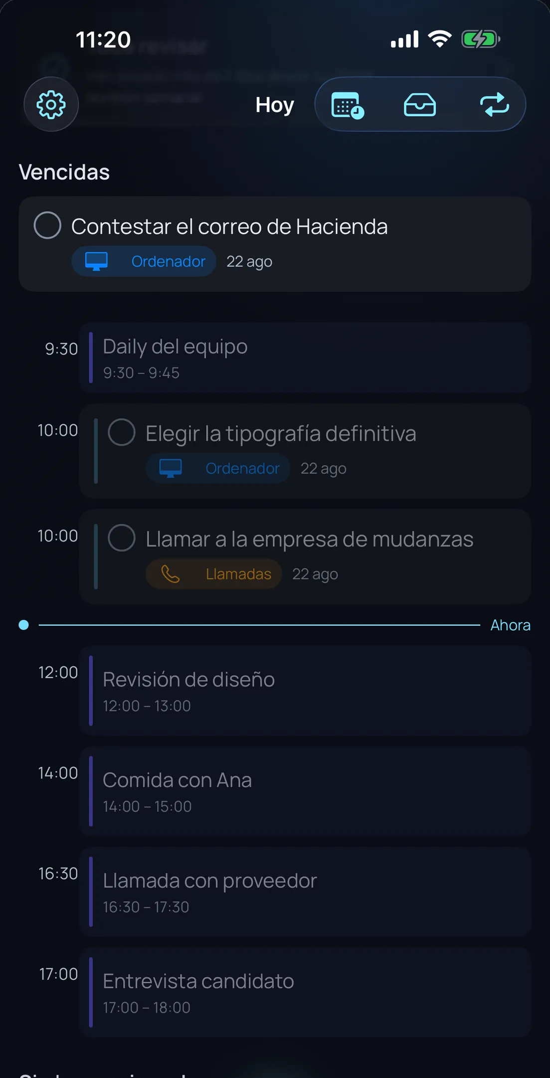 Olena en iPhone: la vista Hoy con los eventos del calendario y las tareas en la misma línea de tiempo, y el marcador de la hora actual