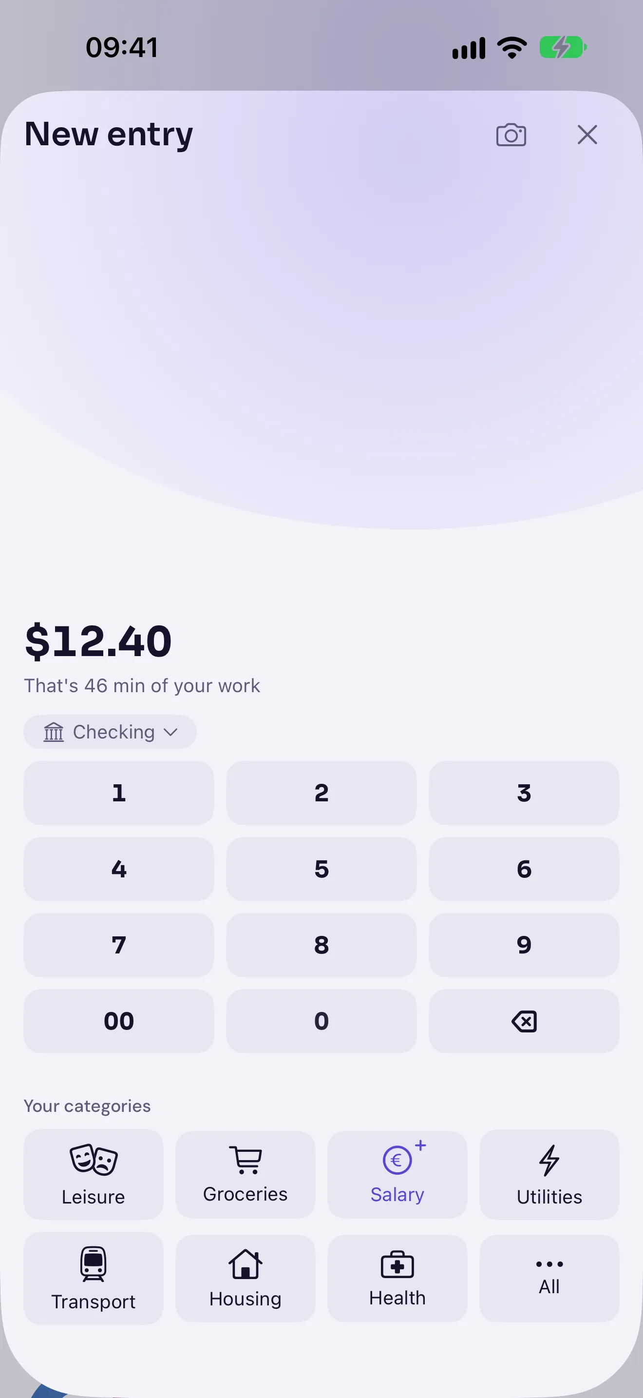 Arkad on iPhone: the entry sheet with 12.40 €, “that's 46 min of your work”, the numeric keypad and the most-used categories