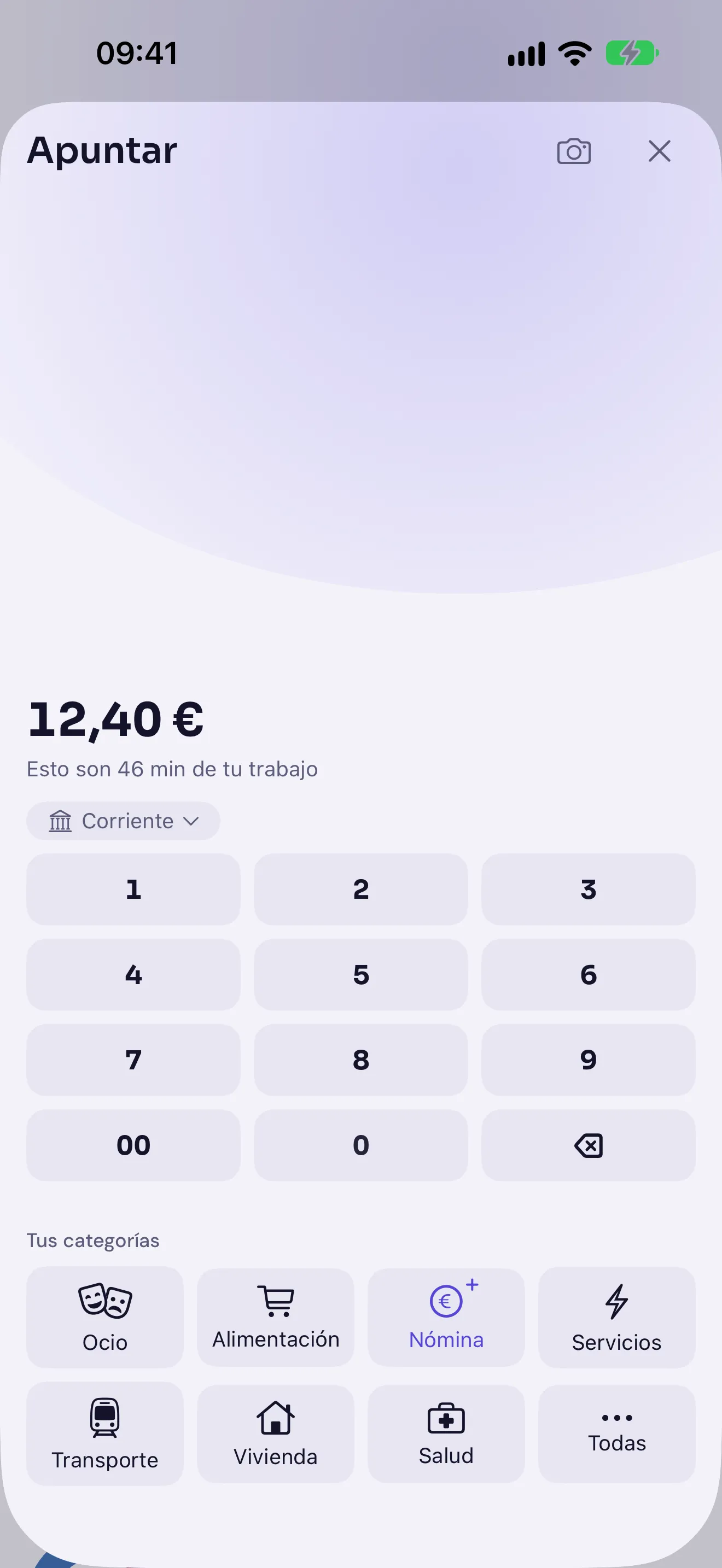 Arkad en iPhone: la hoja de apunte con 12,40 €, «esto son 46 min de tu trabajo», el teclado numérico y las categorías más usadas