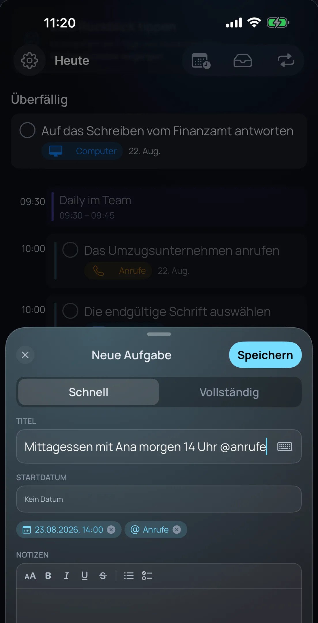 Olena auf dem iPhone: bei der Eingabe „Mittagessen mit Ana morgen 14:00 @anrufe“ erkennt die App Datum und Kontext von selbst