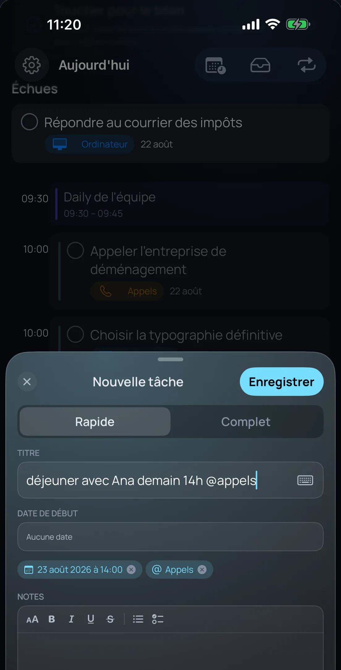 Olena sur iPhone : en saisissant « déjeuner avec Ana demain 14:00 @appels », l’app déduit seule la date et le contexte