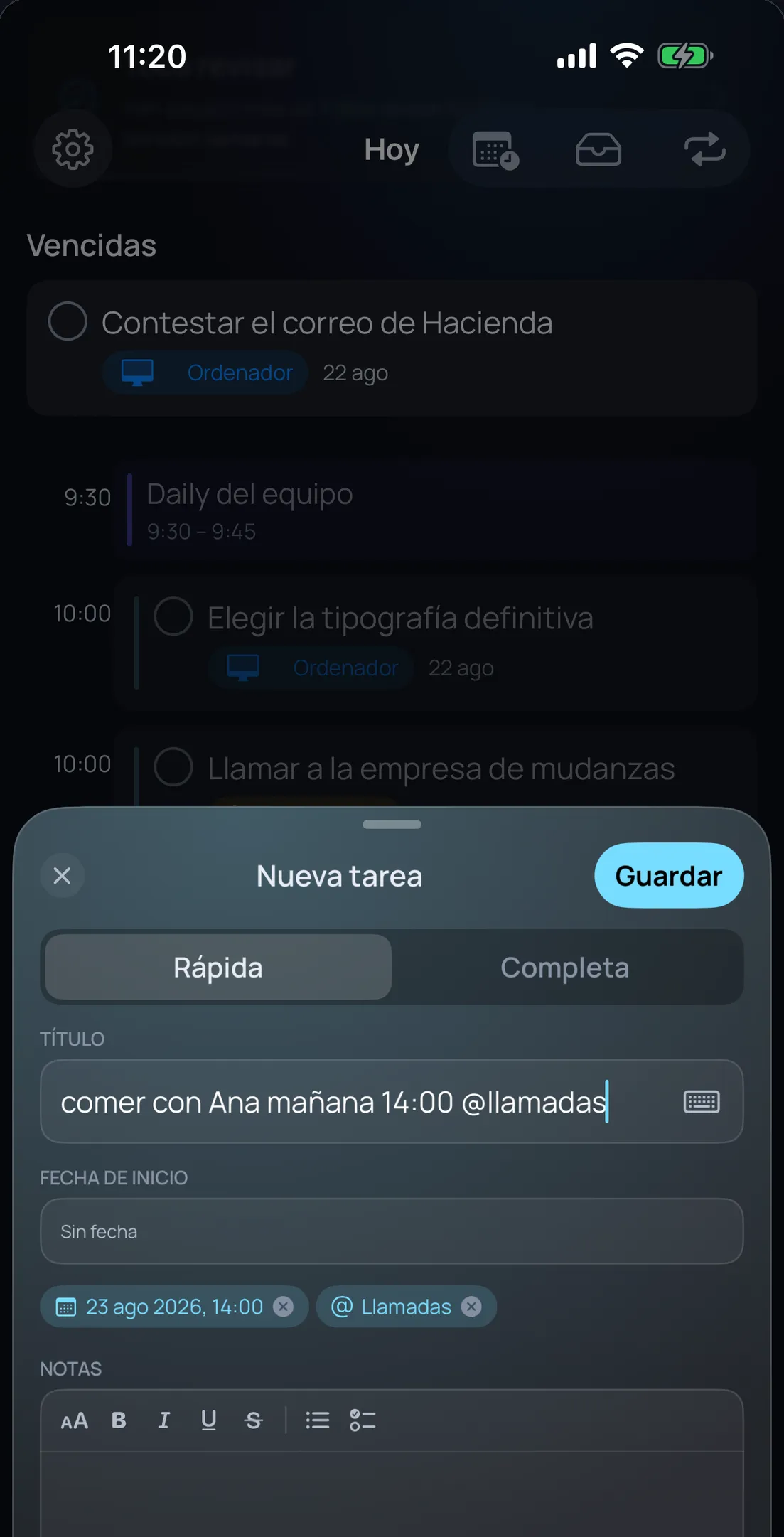 Olena en iPhone: al escribir «comer con Ana mañana 14:00 @llamadas» la app detecta sola la fecha y el contexto