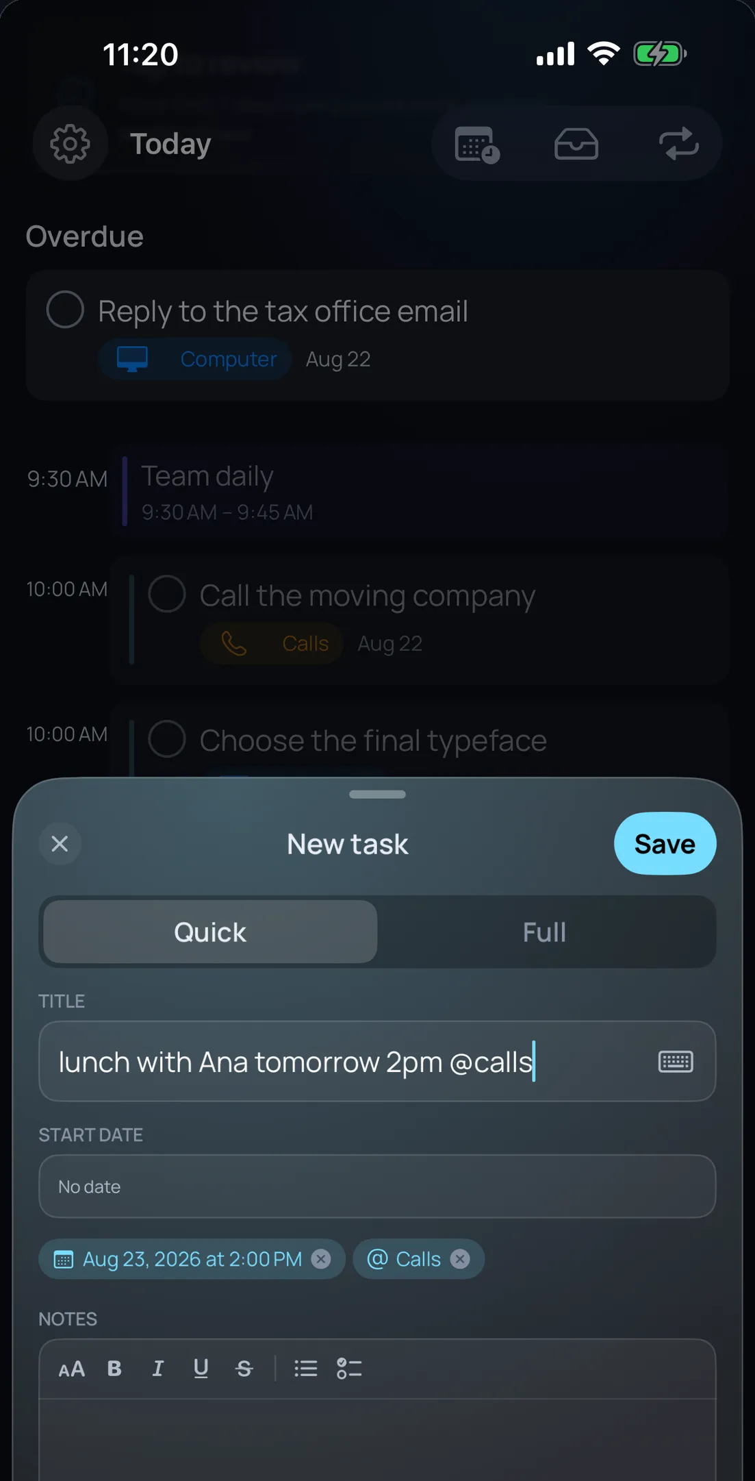 Olena on iPhone: typing “lunch with Ana tomorrow 2pm @calls” and the app picking up the date and the context on its own