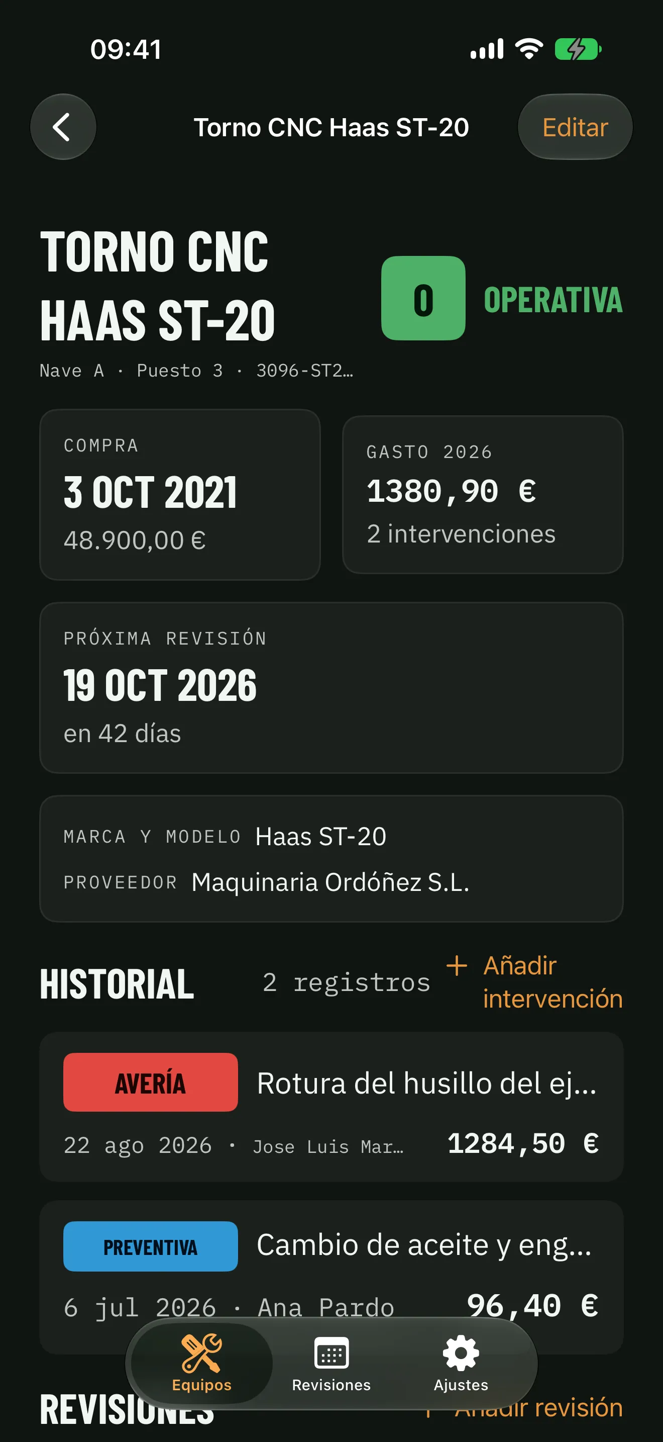 Devian en iPhone: la ficha de un torno CNC con la fecha de compra, el gasto del año, la próxima revisión y su historial de intervenciones