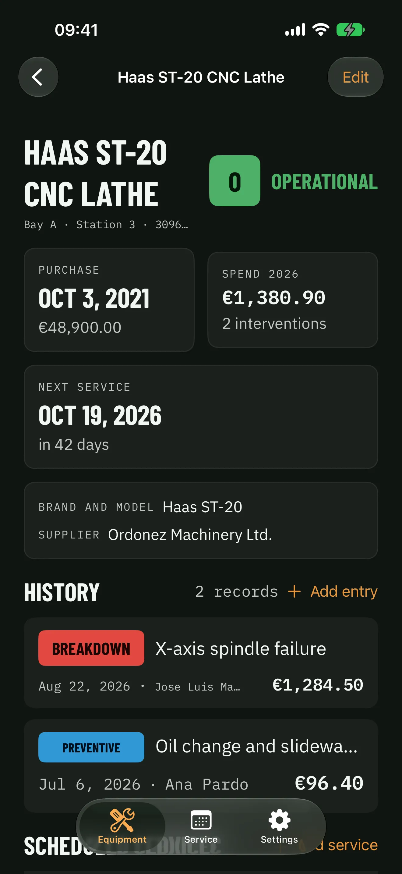 Devian on iPhone: the record of a CNC lathe with its purchase date, this year's spend, the next service and its job history