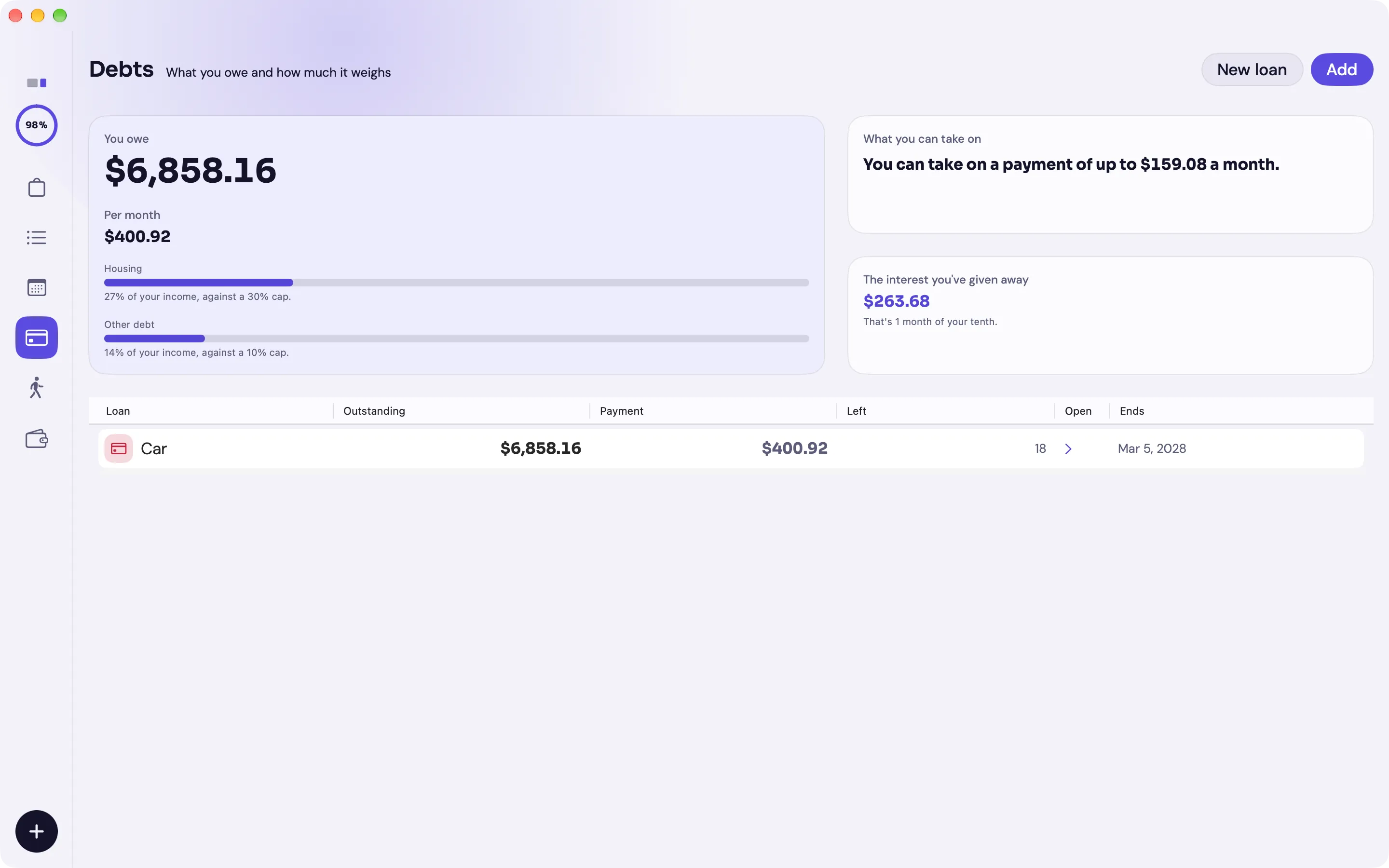 Arkad on Mac: Debts with the weight on income, the payment you could take on and the loans table with instalment, remaining and end date