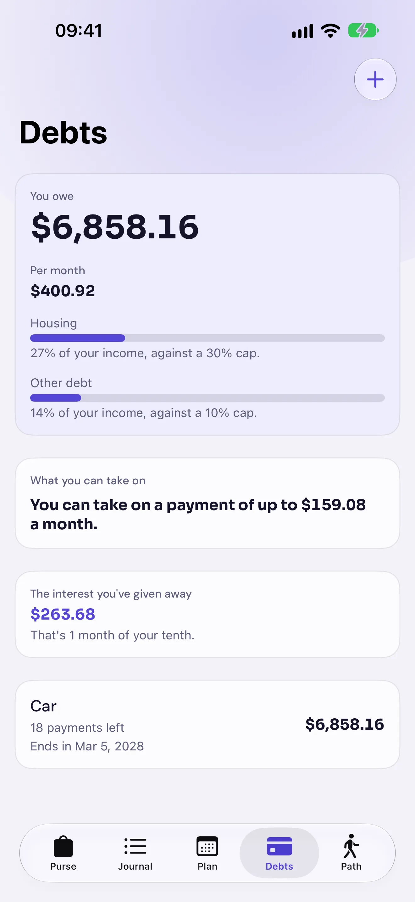 Arkad on iPhone: the Debts screen with the total, how housing and other debts weigh on income, the payment you could take on and the car loan with its end date