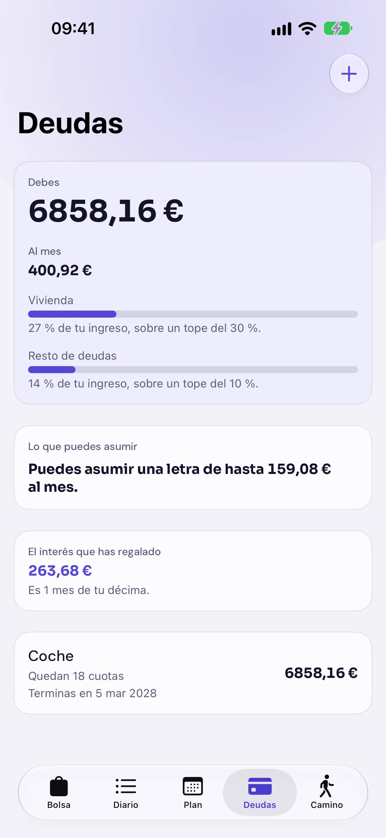 Arkad en iPhone: la pantalla de Deudas con el total, el peso de la vivienda y del resto de deudas sobre el ingreso, la letra que podrías asumir y el crédito del coche con su fecha de fin