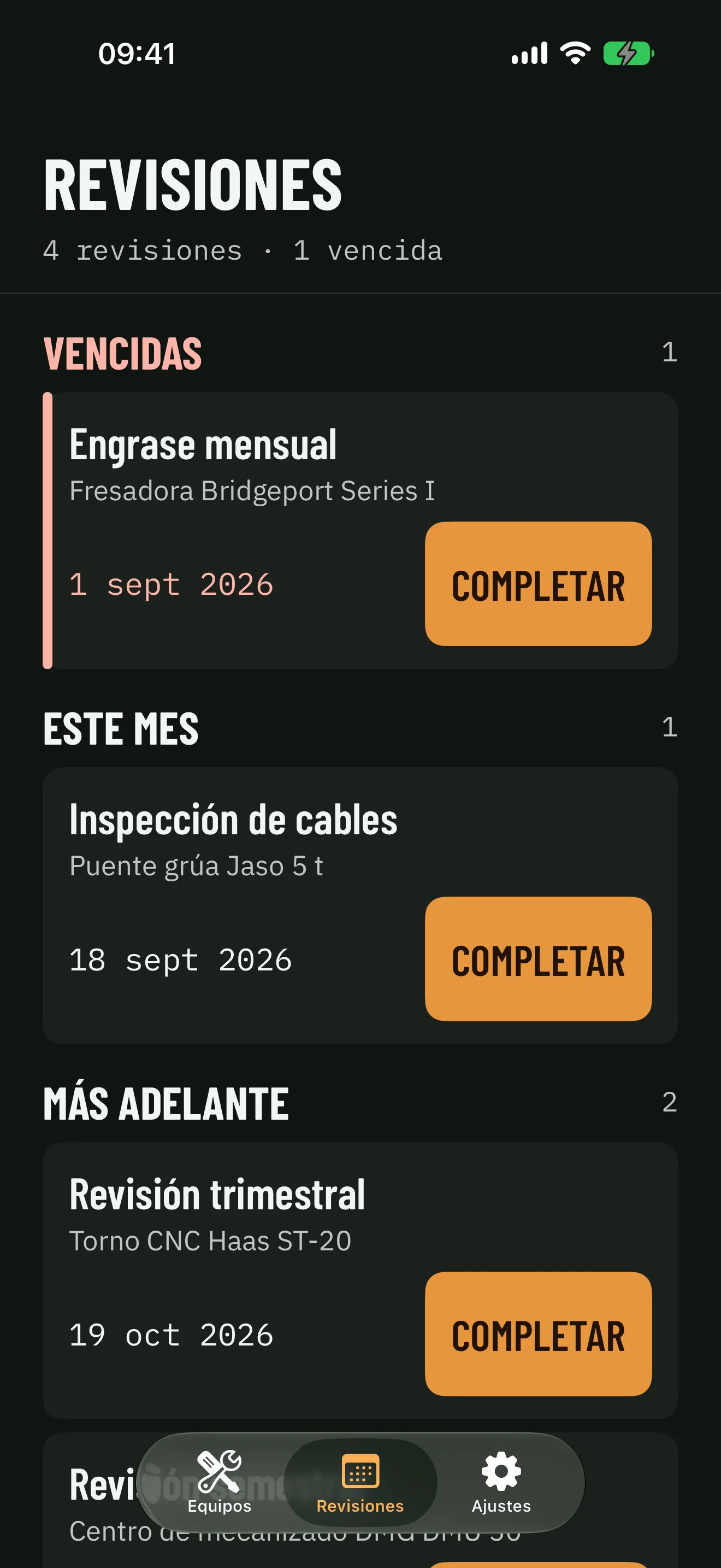Devian en iPhone: la agenda de revisiones con una vencida arriba, las de este mes y las de más adelante, cada una con su botón de completar