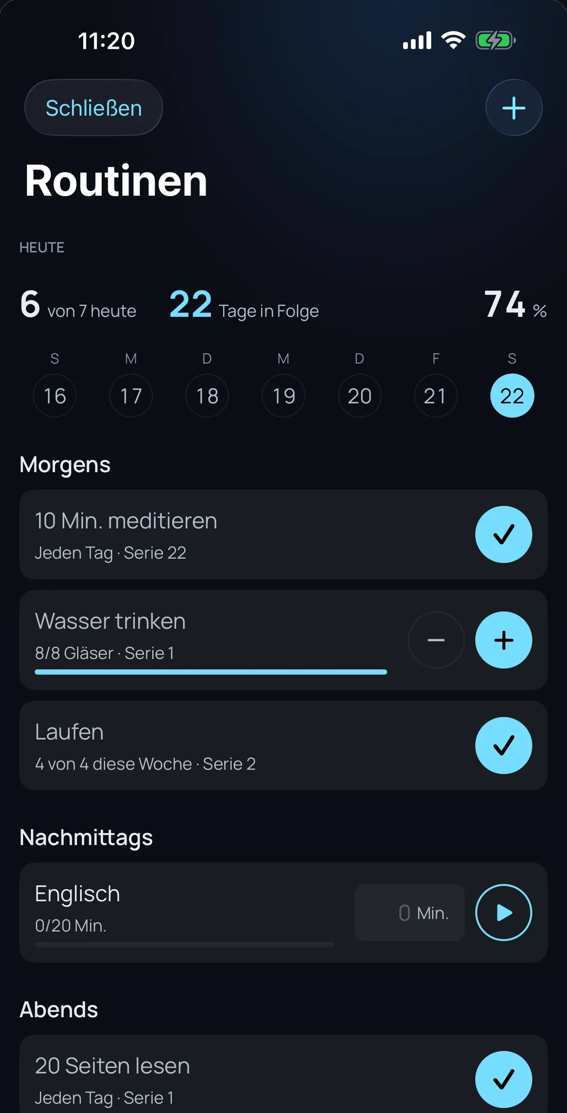 Olena auf dem iPhone: die Routinen des Tages nach Morgen, Nachmittag und Abend gruppiert, mit der aktuellen Serie