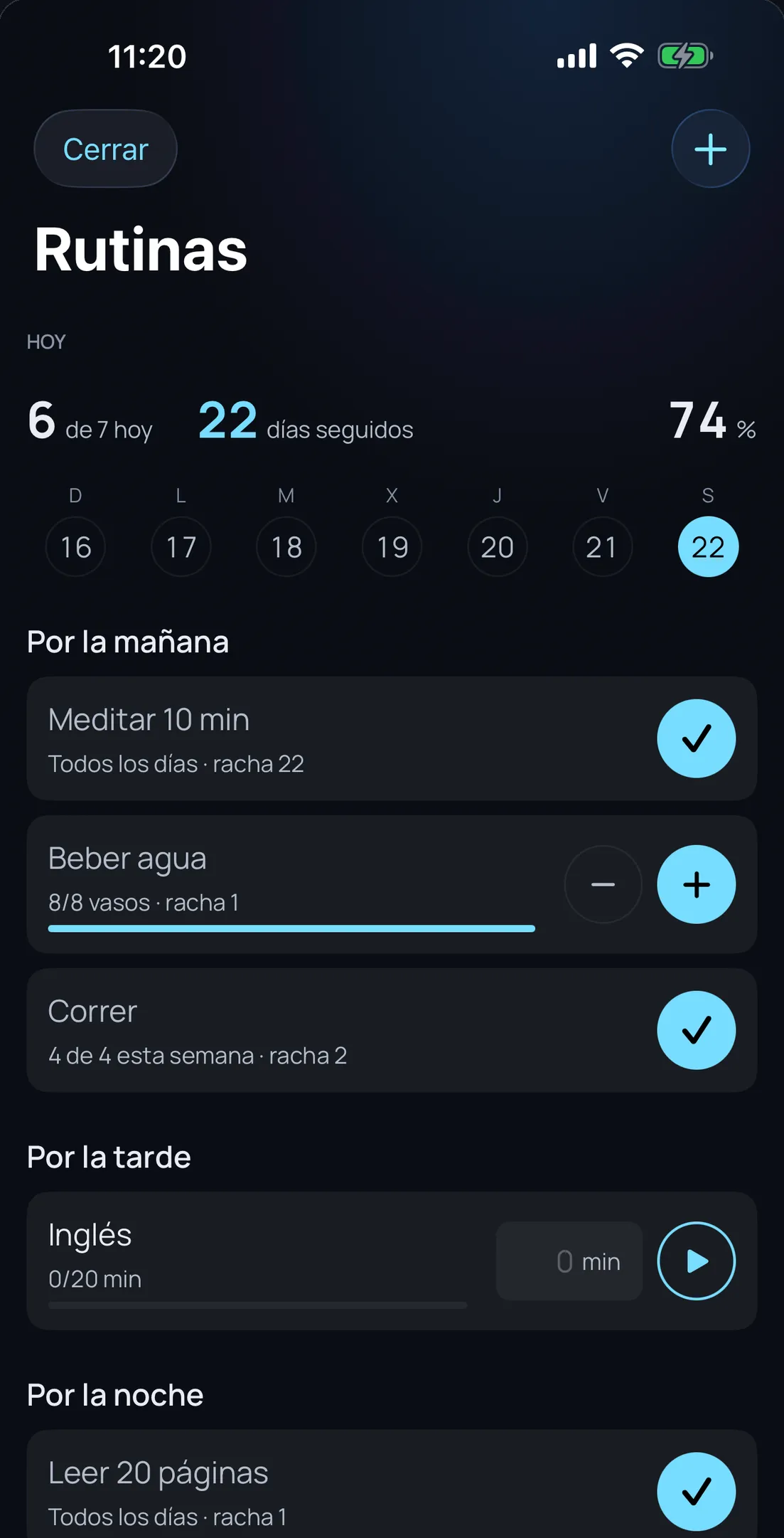 Olena en iPhone: las rutinas del día agrupadas en mañana, tarde y noche, con la racha de días seguidos