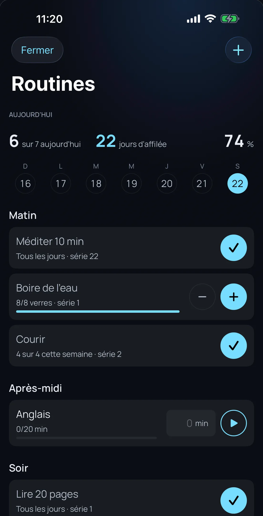 Olena sur iPhone : les routines du jour groupées en matin, après-midi et soir, avec la série en cours