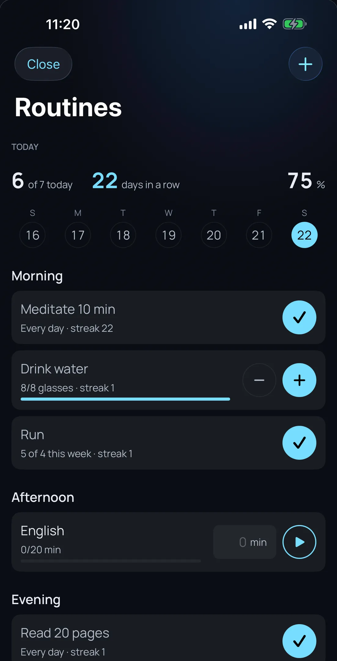 Olena on iPhone: the day’s routines grouped into morning, afternoon and night, with the current streak