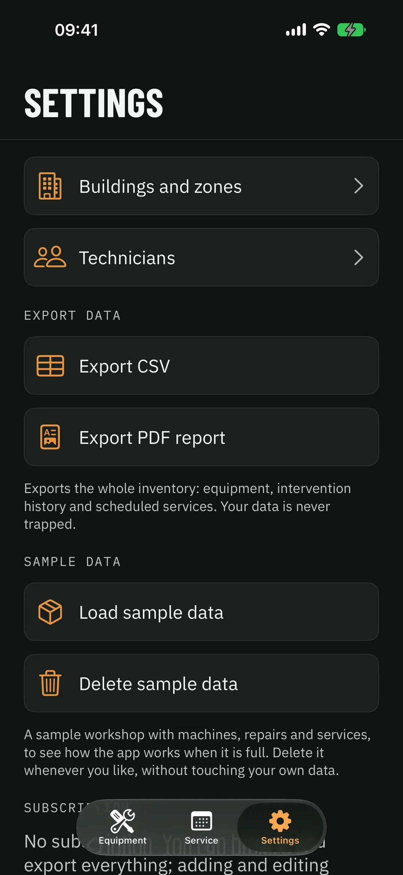 Devian auf dem iPhone: die Einstellungen mit dem CSV- und PDF-Export und der Beispielwerkstatt zum Laden und Löschen