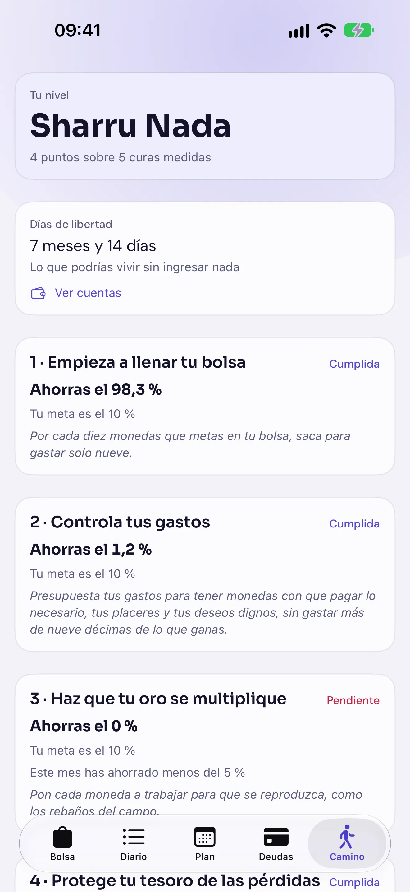 Arkad en iPhone: el Camino, con el nivel actual, los días de libertad y las curas del libro medidas una a una