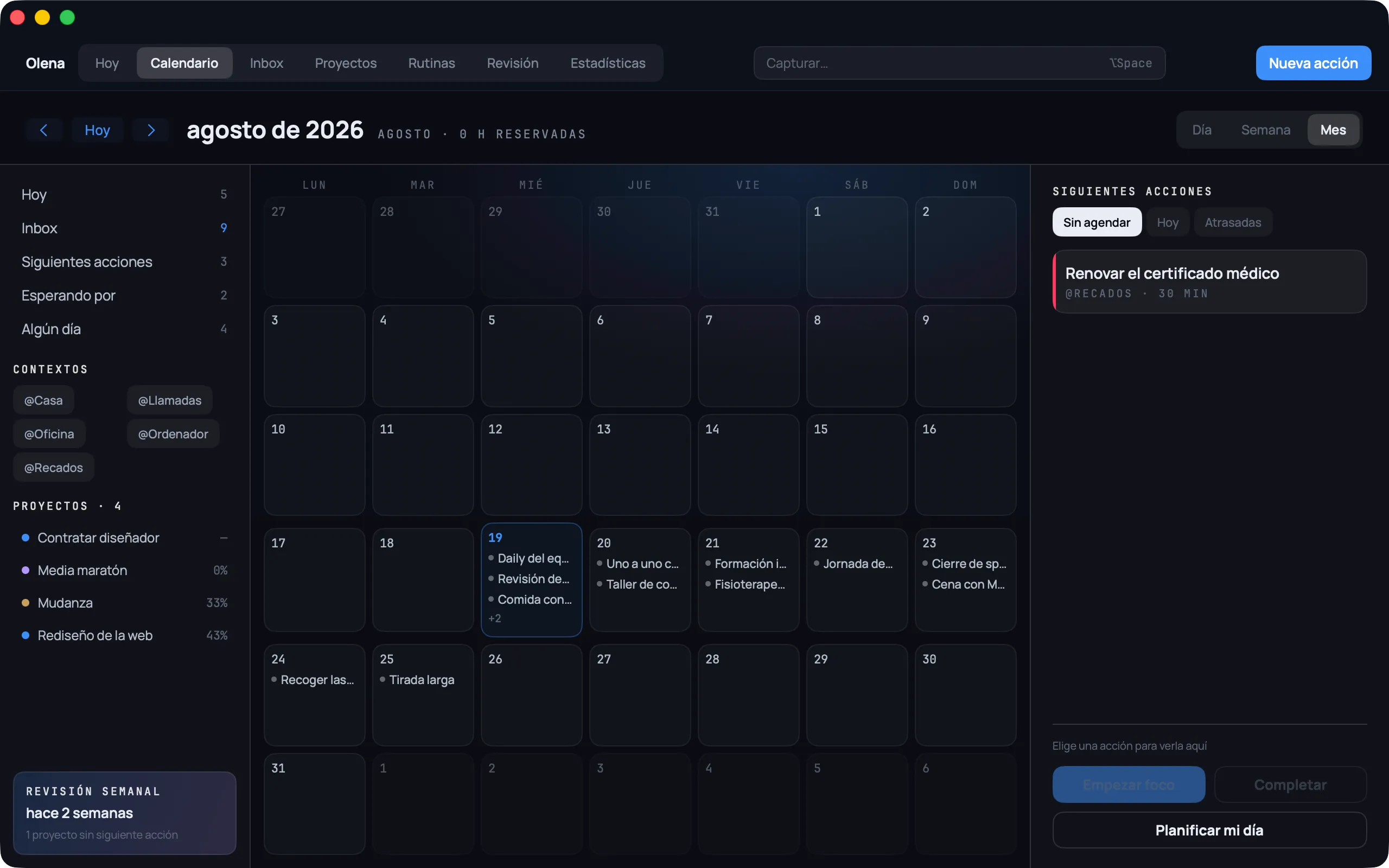 Olena en Mac: el calendario en vista de mes con los eventos reales del sistema y las siguientes acciones al lado
