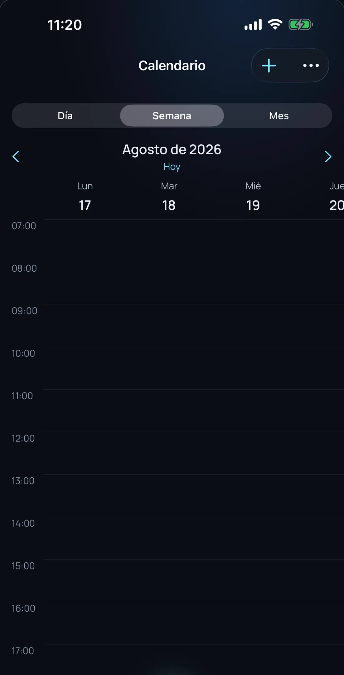 Olena en iPhone: el calendario en vista de semana con los eventos reales del sistema