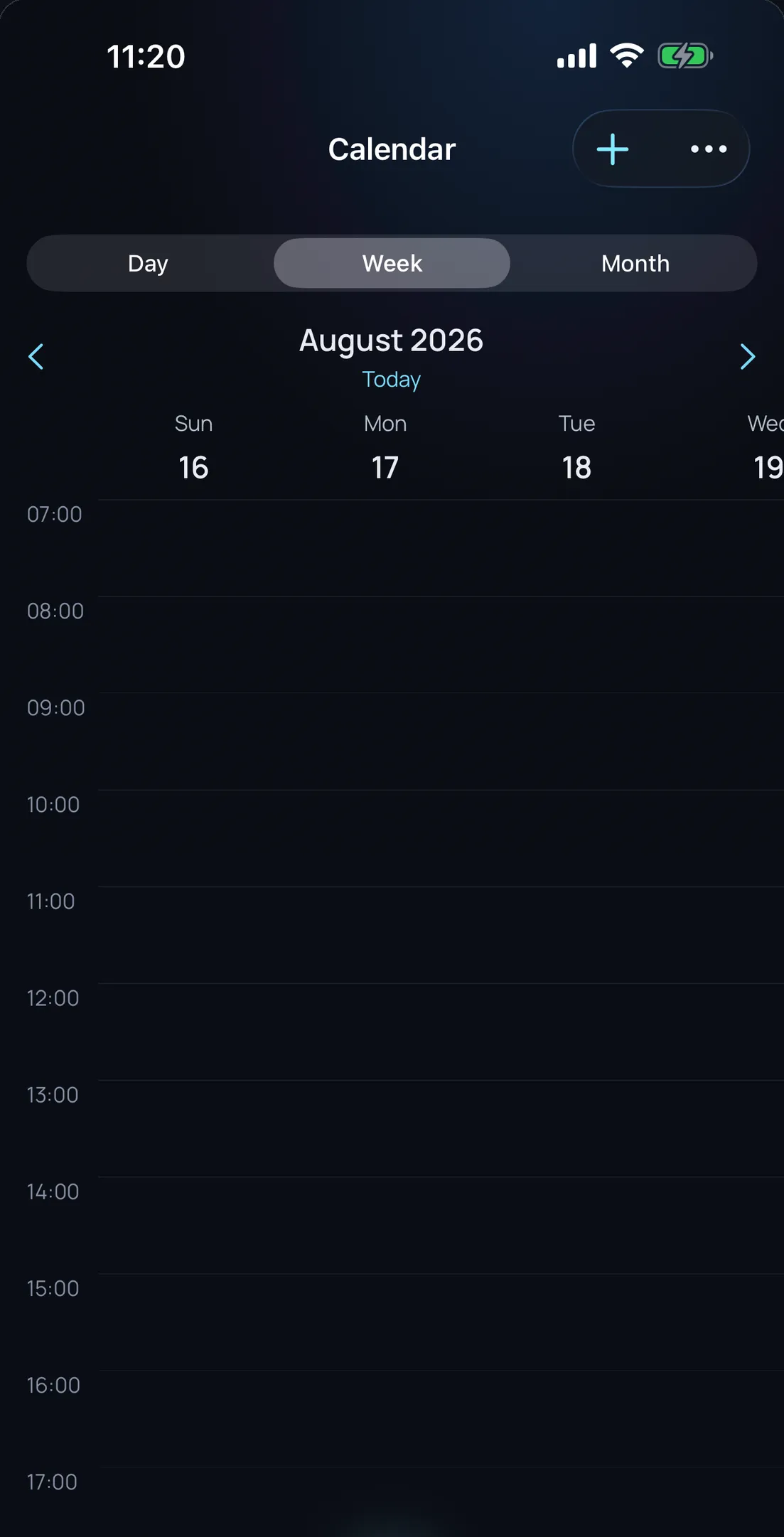 Olena on iPhone: the calendar in week view, showing the real events from the system