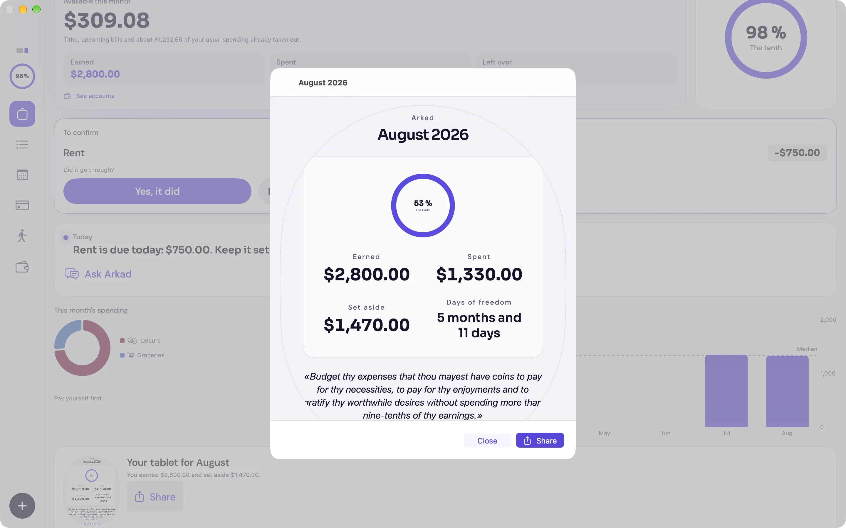 Arkad on Mac: August's round tablet open over the Purse, with the share button