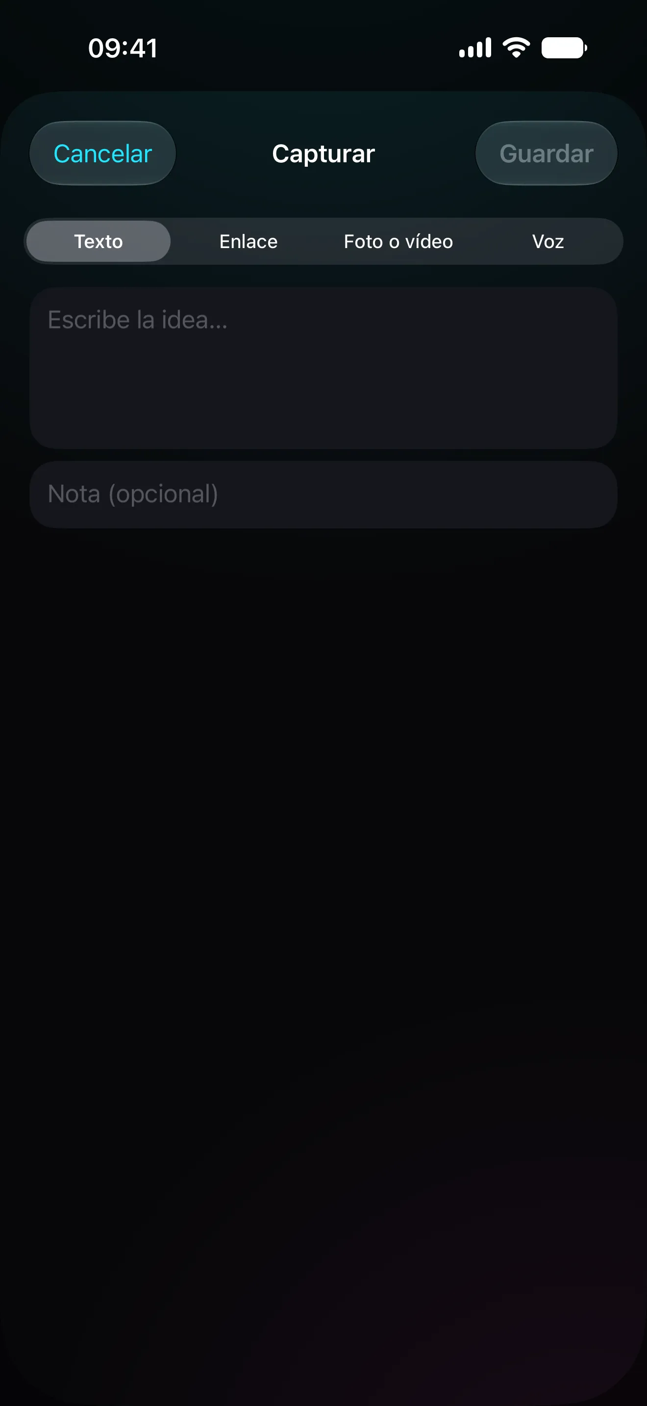 La captura rápida de Inessa abierta en el iPhone, con el campo de texto listo.