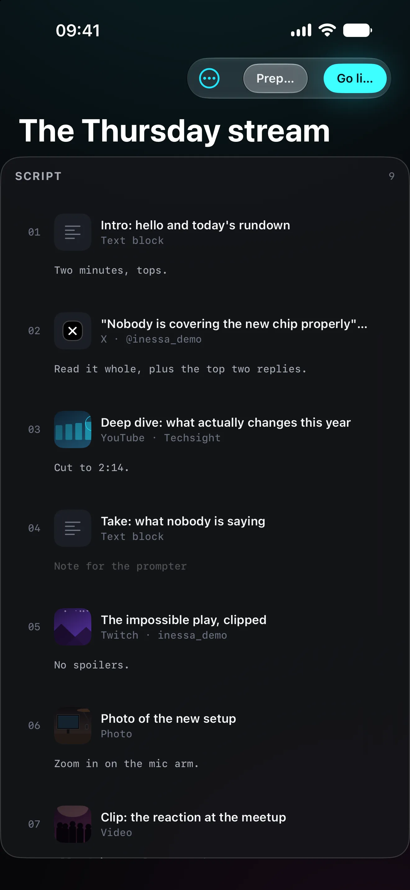 A show rundown on iPhone, with its cues in order.