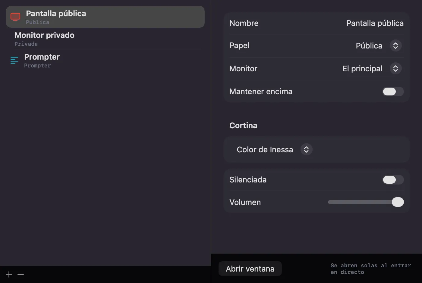 Los ajustes de salidas de Inessa en el Mac, con su rol y su monitor.