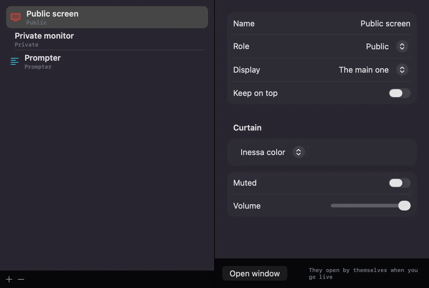 Inessa's output settings on Mac, each with its role and its display.