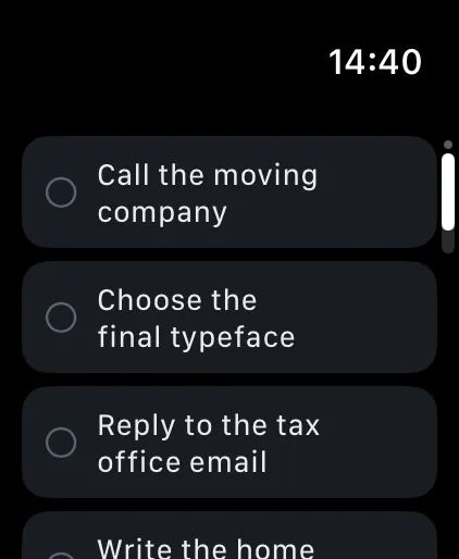 Olena on Apple Watch: today’s tasks, each with its mark to complete it