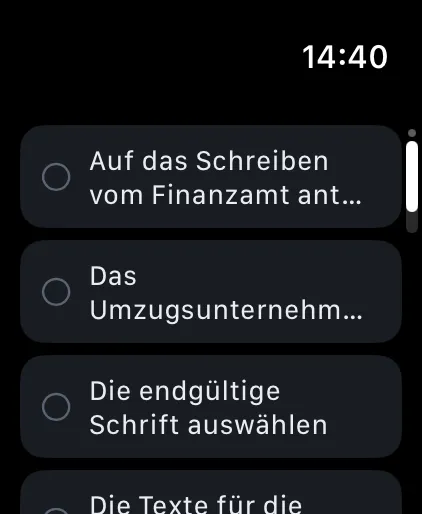 Olena auf der Apple Watch: die Aufgaben für heute, jede mit ihrer Marke zum Erledigen