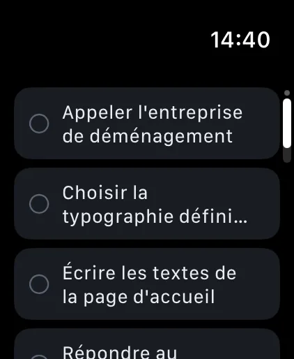 Olena sur Apple Watch : les tâches du jour, chacune avec sa marque pour la terminer