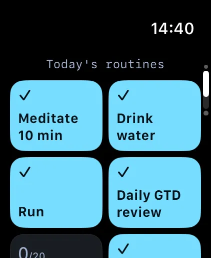 Olena on Apple Watch: the mosaic of today’s routines, with the done ones ticked