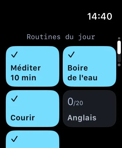 Olena sur Apple Watch : la mosaïque des routines du jour, les faites cochées