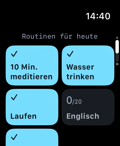 Olena auf der Apple Watch: das Mosaik der heutigen Routinen, die erledigten abgehakt