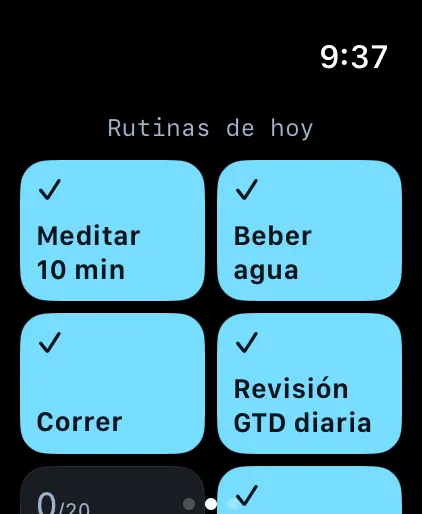 Olena en Apple Watch: el mosaico de rutinas de hoy, con las hechas marcadas