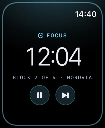 Olena on Apple Watch: a focus block in progress with the time left and the pause and skip buttons