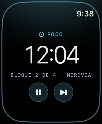 Olena en Apple Watch: un bloque de foco en curso con el tiempo restante y los botones de pausar y saltar
